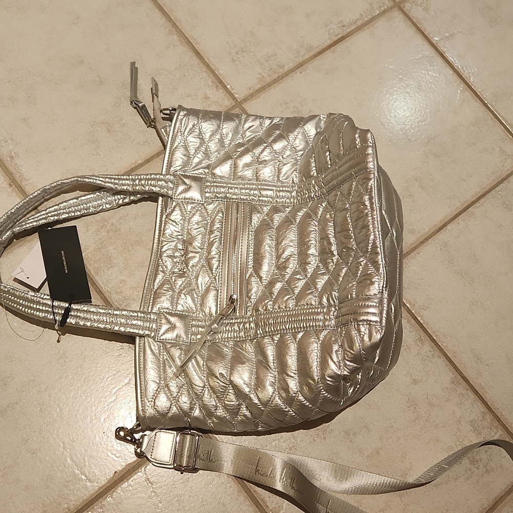 Nicole Miller Silver Quilted Women's Tote Bag Fancy Weekender Shoulder Bag - Picture 16 of 16